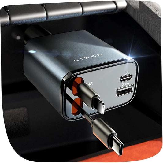 Retractable Car Charger, 84W Car Charger USB C Fast Charge, 4 in 1
