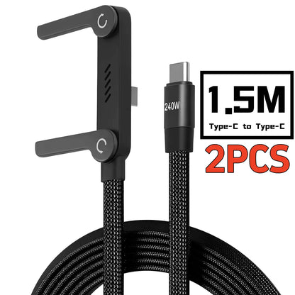 2-IN-1 Type-C Cable Foldable Mobile Phone Holder 240W Fast Charging Data Cable Multifunction Phone Charge Bracket Dual PD Cable