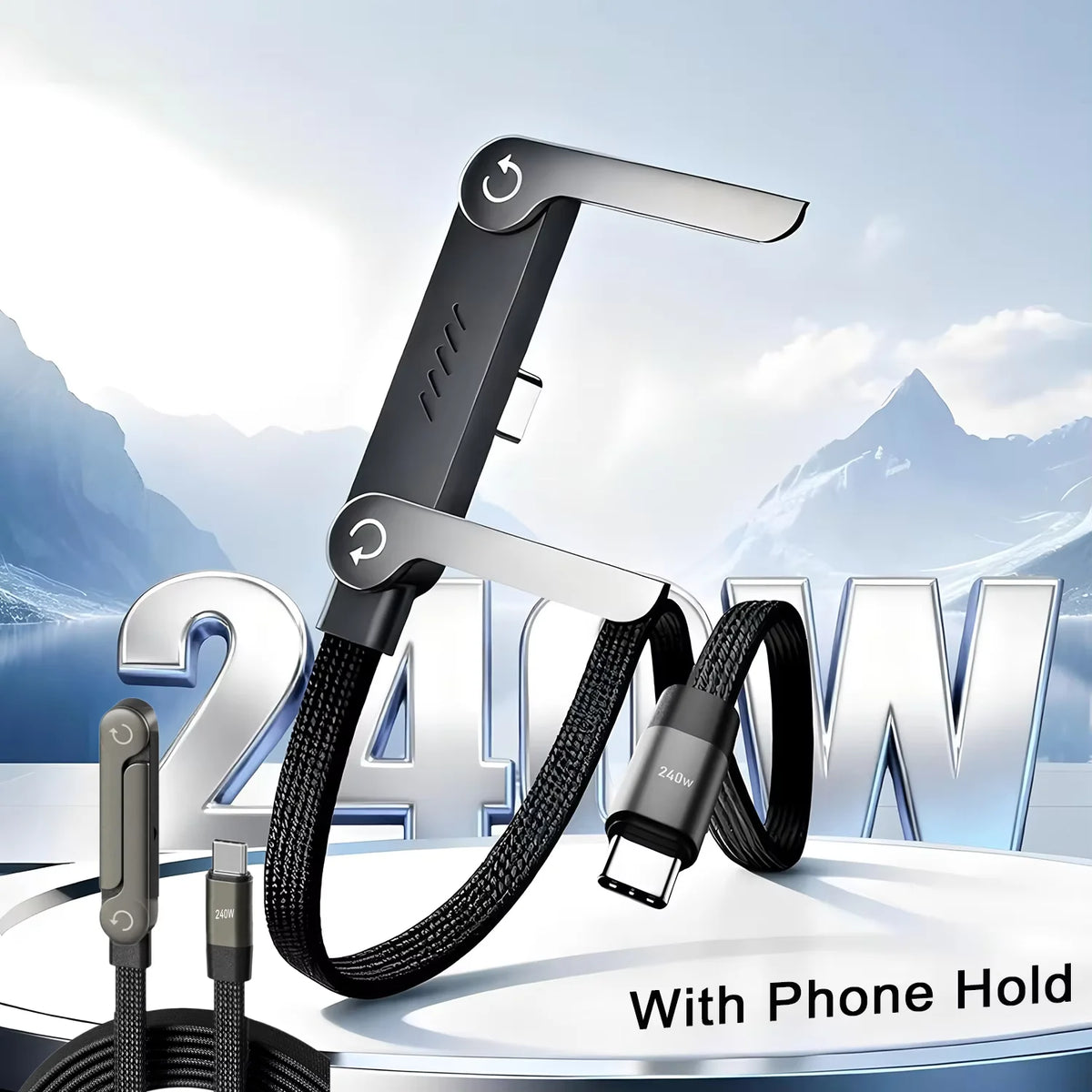 2-IN-1 Type-C Cable Foldable Mobile Phone Holder 240W Fast Charging Data Cable Multifunction Phone Charge Bracket Dual PD Cable