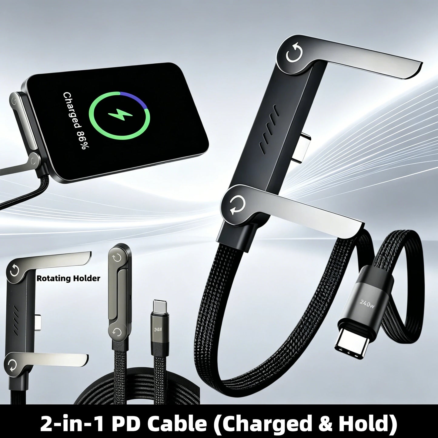 2-IN-1 Type-C Cable Foldable Mobile Phone Holder 240W Fast Charging Data Cable Multifunction Phone Charge Bracket Dual PD Cable