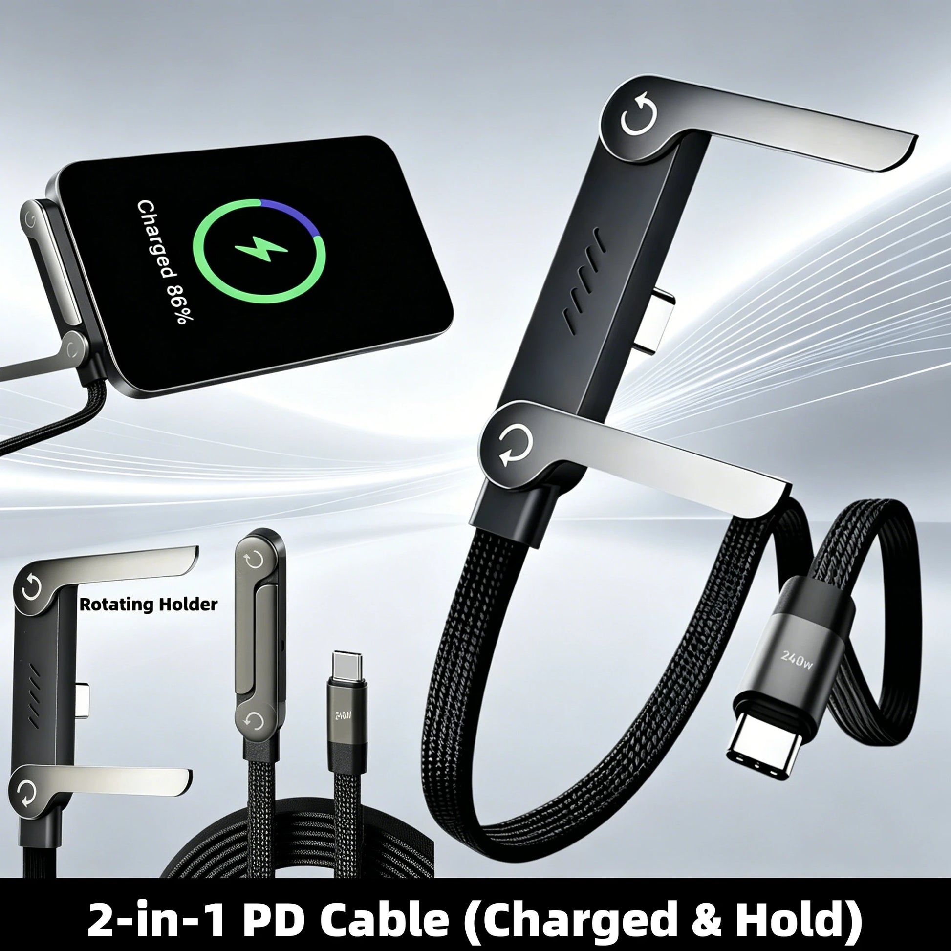 2-IN-1 Type-C Cable Foldable Mobile Phone Holder 240W Fast Charging Data Cable Multifunction Phone Charge Bracket Dual PD Cable